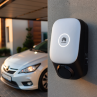 Eine Wallbox hängt an der Wand einer Garage